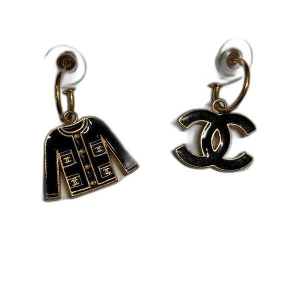 RARE Chanel CC and Jacket Drop Earrings Vintage Gold with Black Enamel - Picture 1 of 8